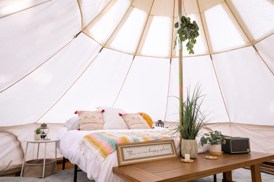 Glamping RVA Tent Interior with Queen Bed.